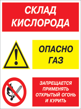 Кз 14 склад кислорода. опасно газ - запрещается применять открытый огонь и курить. (пленка, 300х400 мм) - Знаки безопасности - Комбинированные знаки безопасности - магазин "Охрана труда и Техника безопасности"